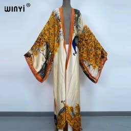 WINYI 2022 Summer Women Cardigan Stitch Cocktail Sexy Boho Maxi African Holiday Batwing Sleeve Silk Feeling Robe Kimono Kaftan