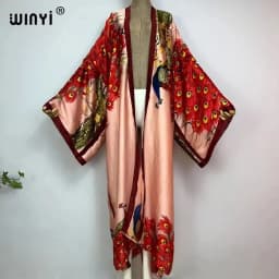 WINYI 2022 Summer Women Cardigan Stitch Cocktail Sexy Boho Maxi African Holiday Batwing Sleeve Silk Feeling Robe Kimono Kaftan