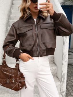 Ailegogo New Women Vintage Short Faux Leather Jacket Zipper Pocket Turn-down Collar Elastic Hem Coat Outwear