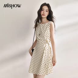 MISHOW 2026 Summer New Women Retro Polka Dot Dress Sleeveless Waist Belt Slim A-Line Party Gentle Mini Dress Apricot MXF22L2610