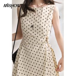 MISHOW 2026 Summer New Women Retro Polka Dot Dress Sleeveless Waist Belt Slim A-Line Party Gentle Mini Dress Apricot MXF22L2610