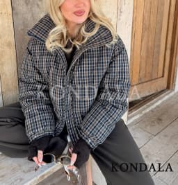 KONDALA Trendy Vintage Plaid Padding Jacket Women Stand-up Collar Zipper Jacket 2026 Fall Winter Chic High Street Casual Jacket
