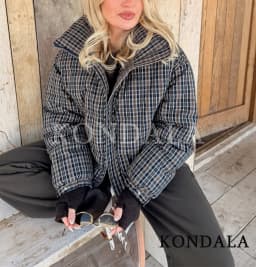KONDALA Trendy Vintage Plaid Padding Jacket Women Stand-up Collar Zipper Jacket 2026 Fall Winter Chic High Street Casual Jacket
