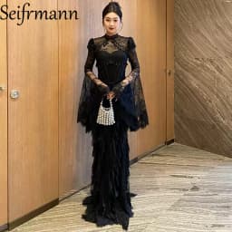Seifrmann Spliced lace embroidered backless dress stand-up collar long-sleeved waist elegant dress 2026 summer new style