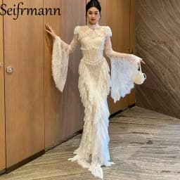 Seifrmann Spliced lace embroidered backless dress stand-up collar long-sleeved waist elegant dress 2026 summer new style