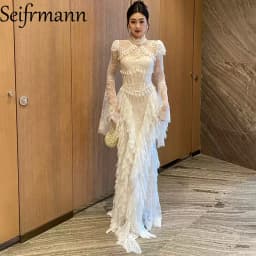 Seifrmann Spliced lace embroidered backless dress stand-up collar long-sleeved waist elegant dress 2026 summer new style