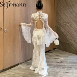 Seifrmann Spliced lace embroidered backless dress stand-up collar long-sleeved waist elegant dress 2026 summer new style