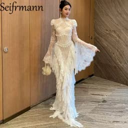Seifrmann Spliced lace embroidered backless dress stand-up collar long-sleeved waist elegant dress 2026 summer new style