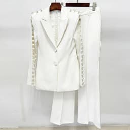 HIGH STREET Newest 2026 Designer Runway Suit Set Women's Pearls Beaded Gauze Patchwork Slim Fitting Blazer Pants Set
