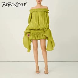TWOTWINSTYLE Solid Loose Spliced Folds Dress for Women Slash Neck Long Sleeve Luxury Irregular Dresses Female Summer Fashion New