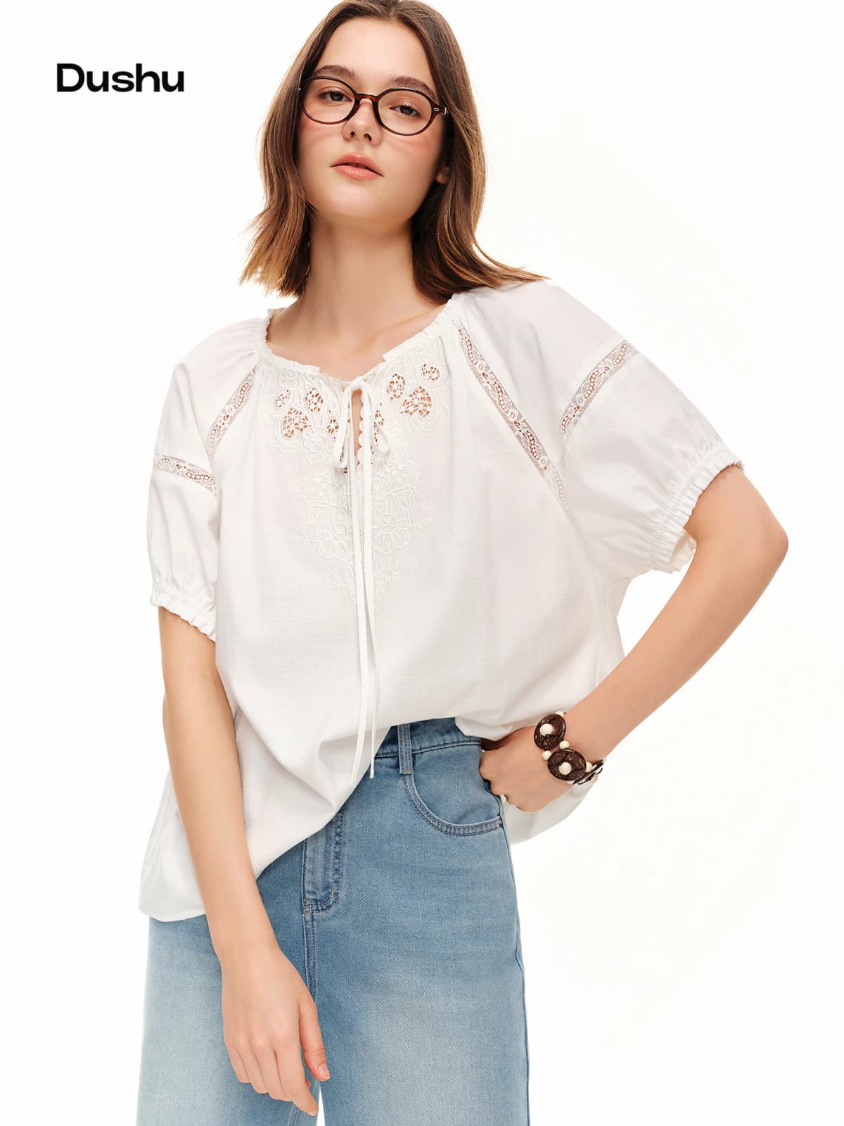 DUSHU 2026 Summer Women Embroidered Puff Sleeve Linen Cotton Blouse Relaxed Fit Button Top Office Chic Daily Essential Style