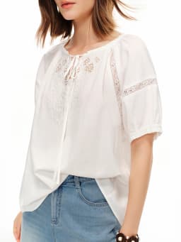 DUSHU 2026 Summer Women Embroidered Puff Sleeve Linen Cotton Blouse Relaxed Fit Button Top Office Chic Daily Essential Style