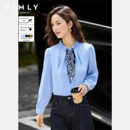 VIMLY Elegant Women's Shirts 2026 Retro Linen Blend Lace Up Crew Neck Blouse Puff Sleeve Autumn New Women's Clothing A3005