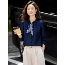 VIMLY Elegant Women's Shirts 2026 Retro Linen Blend Lace Up Crew Neck Blouse Puff Sleeve Autumn New Women's Clothing A3005