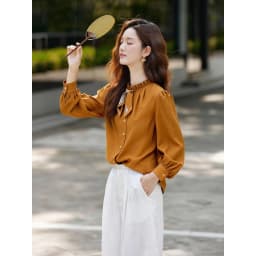 VIMLY Elegant Women's Shirts 2026 Retro Linen Blend Lace Up Crew Neck Blouse Puff Sleeve Autumn New Women's Clothing A3005