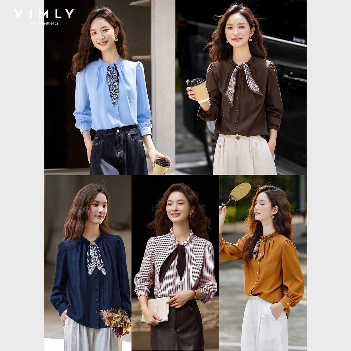 VIMLY Elegant Women's Shirts 2026 Retro Linen Blend Lace Up Crew Neck Blouse Puff Sleeve Autumn New Women's Clothing A3005