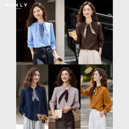 VIMLY Elegant Women's Shirts 2026 Retro Linen Blend Lace Up Crew Neck Blouse Puff Sleeve Autumn New Women's Clothing A3005