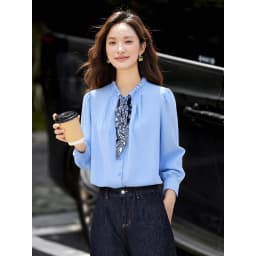 VIMLY Elegant Women's Shirts 2026 Retro Linen Blend Lace Up Crew Neck Blouse Puff Sleeve Autumn New Women's Clothing A3005