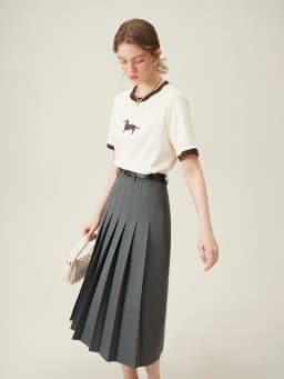 FSLE 2025 New Arrival Women Zipper Waist Office Lady Elegant Grey Skirt Pleated Design Navy Blue Color Long Skirt Daily Outfits