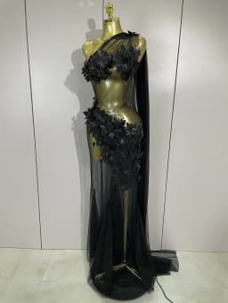 Sexy One Shoulder Shiny 3D Floral Mesh Transparent Maxi Dress 2025 Evening Party Birthday Wedding NightClub Bar Stage Costumes