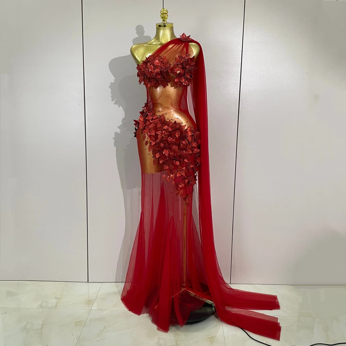 Sexy One Shoulder Shiny 3D Floral Mesh Transparent Maxi Dress 2025 Evening Party Birthday Wedding NightClub Bar Stage Costumes