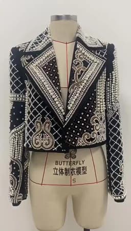 HIGH STREET Newest 2026 Stylish Designer Fashion Women's Luxurious Diamonds Pearls Embroidered Beaded Cropped Velvet Jacket