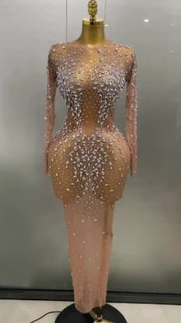 Sexy Shinny Rhinestone Stretch Mesh Transparent Long Dress 2025New Women Evening Birthday Party Prom Nightclub Singer Stage Wear