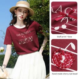 I BELIEVE YOU Short Sleeves Round Neck T-Shirt 2026 Summer New Bead Embroidery Bow Printing Casual Elegant Top Women 2261016244