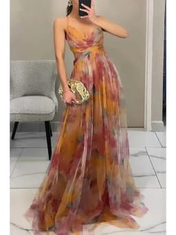 Women's S-XL Size Spring Summer Mesh Printed Hanging Dress Holiday Leisure Party Fashion Slimming Versatile Lady‘s Party Dress