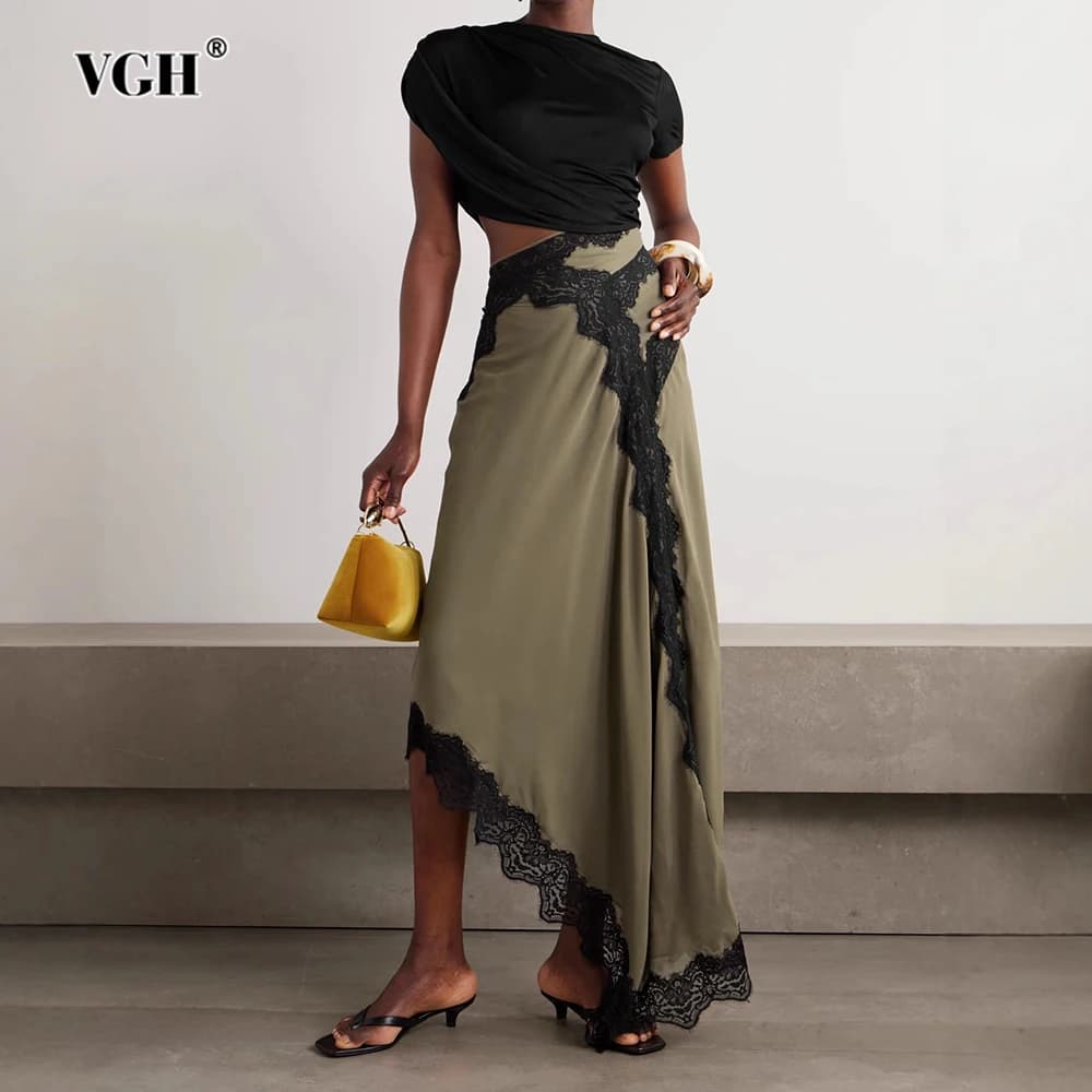 VGH Hit Color Patchwork Lace Women Dress O Neck Short Sleeve High Waist Decaortaion Sexy Long Dresses For Female New Clothes
