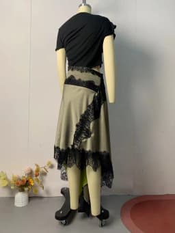 VGH Hit Color Patchwork Lace Women Dress O Neck Short Sleeve High Waist Decaortaion Sexy Long Dresses For Female New Clothes