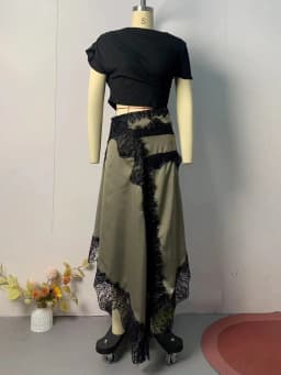 VGH Hit Color Patchwork Lace Women Dress O Neck Short Sleeve High Waist Decaortaion Sexy Long Dresses For Female New Clothes