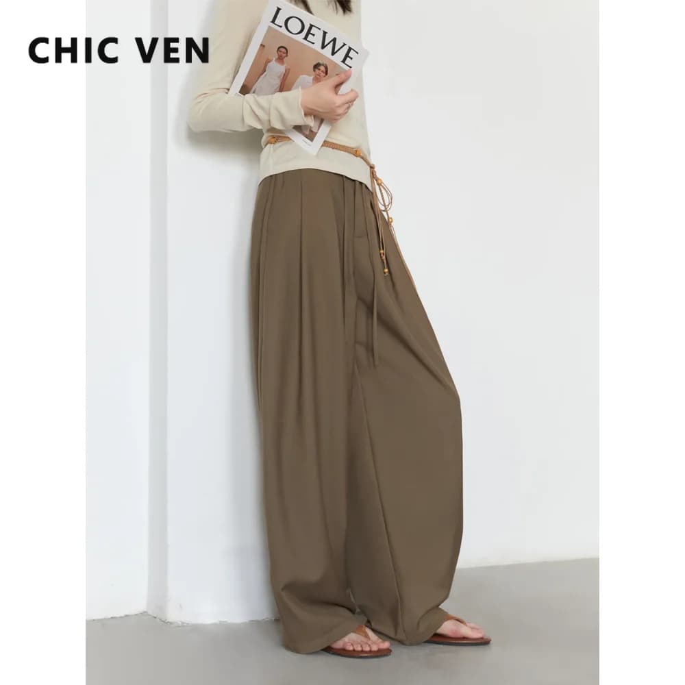 CHIC VEN Women Pants Solid Loose Casual Wide Leg Pant Drawstring Pleated Female Suit Trousers Office Ladies Sping Autumn 2025
