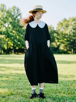imakokoni original summer black age reducing dress, women's artistic slightly wrinkled texture, doll neck casual dress 265581
