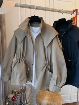 Aynaray 2026 Women Oversized Hooded Short Trench Jacket Solid Waist Drawstring Outerwear Windbreaker Utility Jacket Hoodies Coat