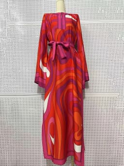 Designer style women's clothing, retro, geometric, positioning print, pullover dress, fashionable, loose, plus-size, slit skirt