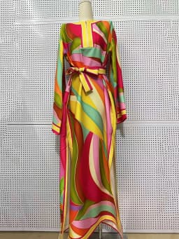 Designer style women's clothing, retro, geometric, positioning print, pullover dress, fashionable, loose, plus-size, slit skirt