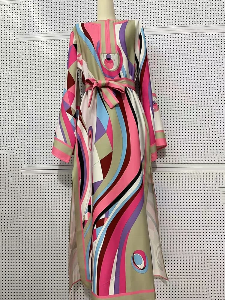Designer style women's clothing, retro, geometric, positioning print, pullover dress, fashionable, loose, plus-size, slit skirt