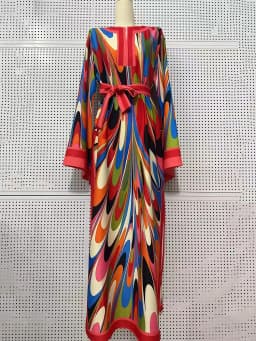 Designer style women's clothing, retro, geometric, positioning print, pullover dress, fashionable, loose, plus-size, slit skirt