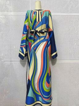 Designer style women's clothing, retro, geometric, positioning print, pullover dress, fashionable, loose, plus-size, slit skirt