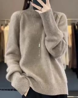 Women's High-Necked Cashmere Sweater 100% Soft Wool Thickened Lazy Raglan Sweater with Slit for Autumn Winter Comfortable Waxy W
