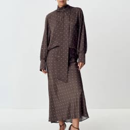 Two Piece Skirt Set Printed Polka Dot Satin Skirt Set Women's Long Sleeved Lace Up Shirt+high WAIST Midi Skirt Set