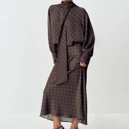 Two Piece Skirt Set Printed Polka Dot Satin Skirt Set Women's Long Sleeved Lace Up Shirt+high WAIST Midi Skirt Set
