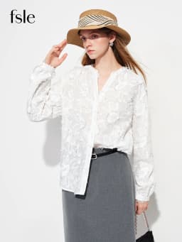 FSLE 2026 New Spring Summer Women's 3D Jacquard Round V-Neck Blouse Long Sleeve Office Shirt for Quiet Minimalist Commute Top
