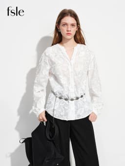FSLE 2026 New Spring Summer Women's 3D Jacquard Round V-Neck Blouse Long Sleeve Office Shirt for Quiet Minimalist Commute Top