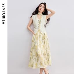 SENTUBILA Elegant Skirt Holiday Set Woman 2 Pieces V-neck Waistcoat Printing Midi Pockets Skirts Ladies Two Piece Sets W52ZA2256