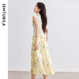 SENTUBILA Elegant Skirt Holiday Set Woman 2 Pieces V-neck Waistcoat Printing Midi Pockets Skirts Ladies Two Piece Sets W52ZA2256