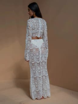 White Elegant Embroidery Hollow Out Beach Dresses Set Sexy See Though Crop Tops Long Skirts Women Sets Summer Women Outfits