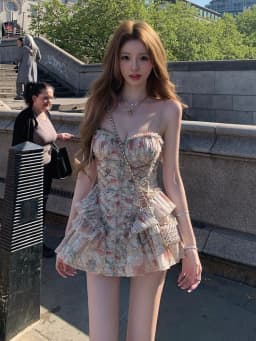 Summer French Vintage Elegant Mini Dress Women's Printed Thin Strap Strapless Slim Dress High Street Casual Sexy Party Dress