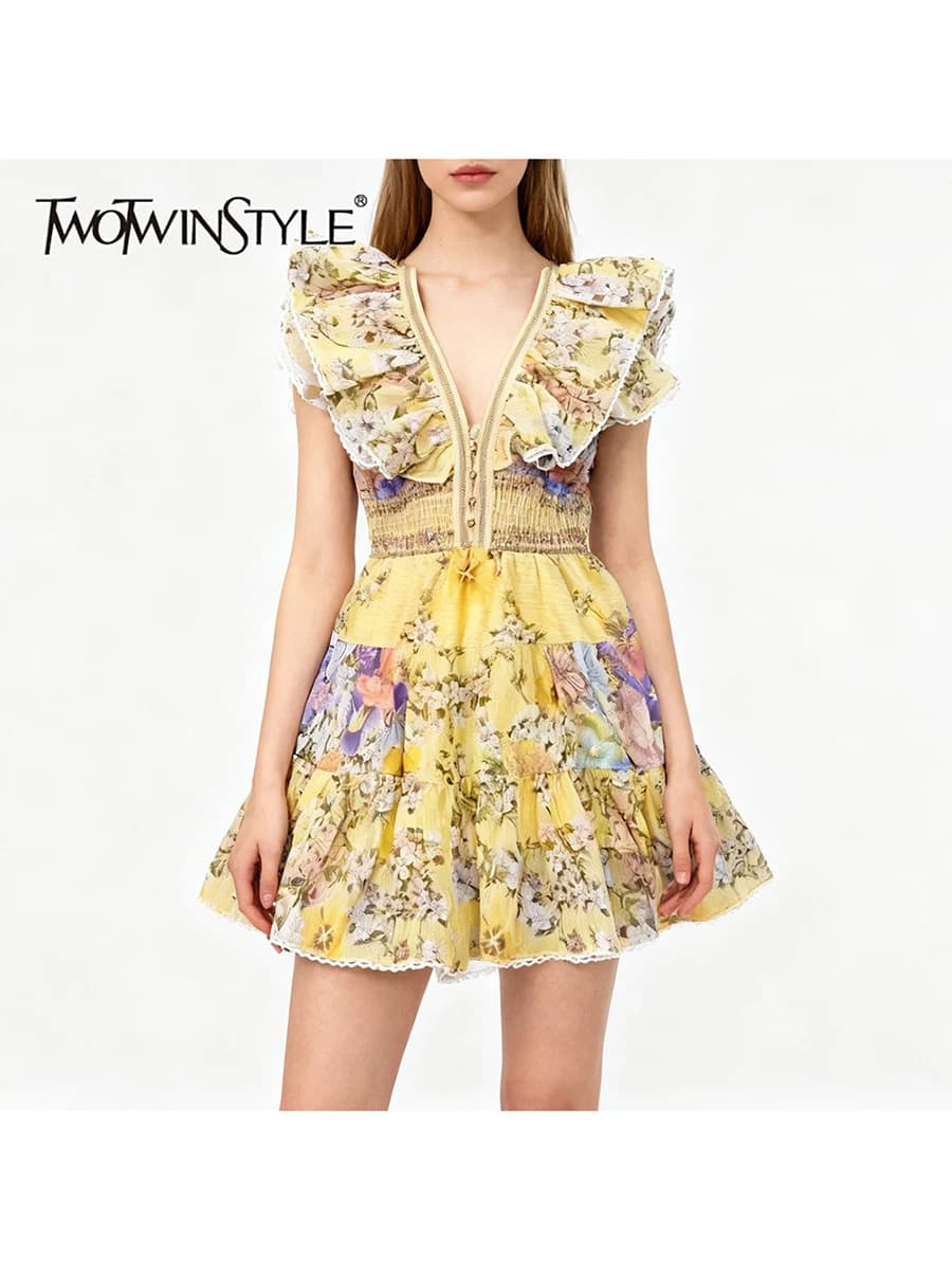 TWOTWINSTYLE Slimming Printing Spliced Ruffles Folds Elegant Dresses for Women V Neck Sleeveless High Waist Dress Female Clothes
